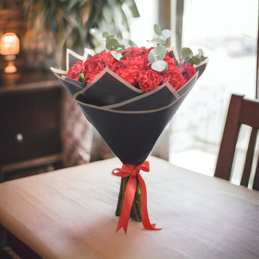 Love Promise Delight, Red Rose, Red Carnation, Eucalyptus, Black Wrapping